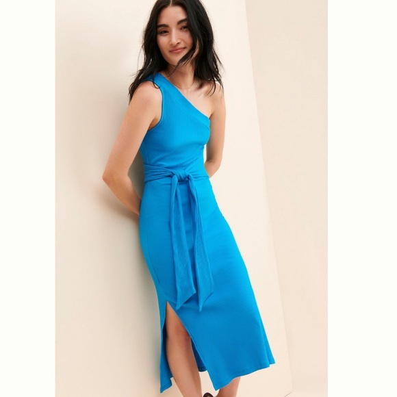 Anthropologie Line + Dot Willow One-Shoulder Dress Capri Blue Size Medium - Picture 2 of 9